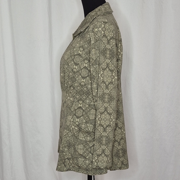 Soft Surroundings Green Patterned Ruched Neck Peplum Waist Zip Jacket - Size M - Picture 2 of 11